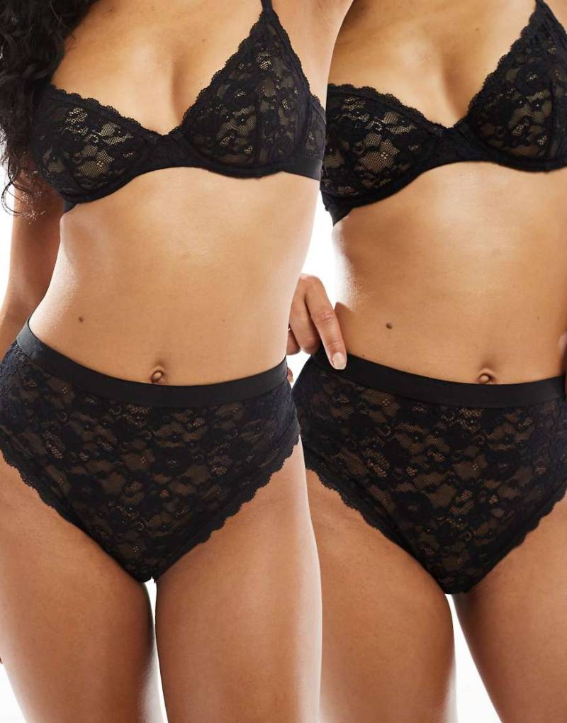 ASOS DESIGN - Lila - 2er-Pack Spitzen-Slips in Schwarz mit hoher Taille und Bund von ASOS DESIGN