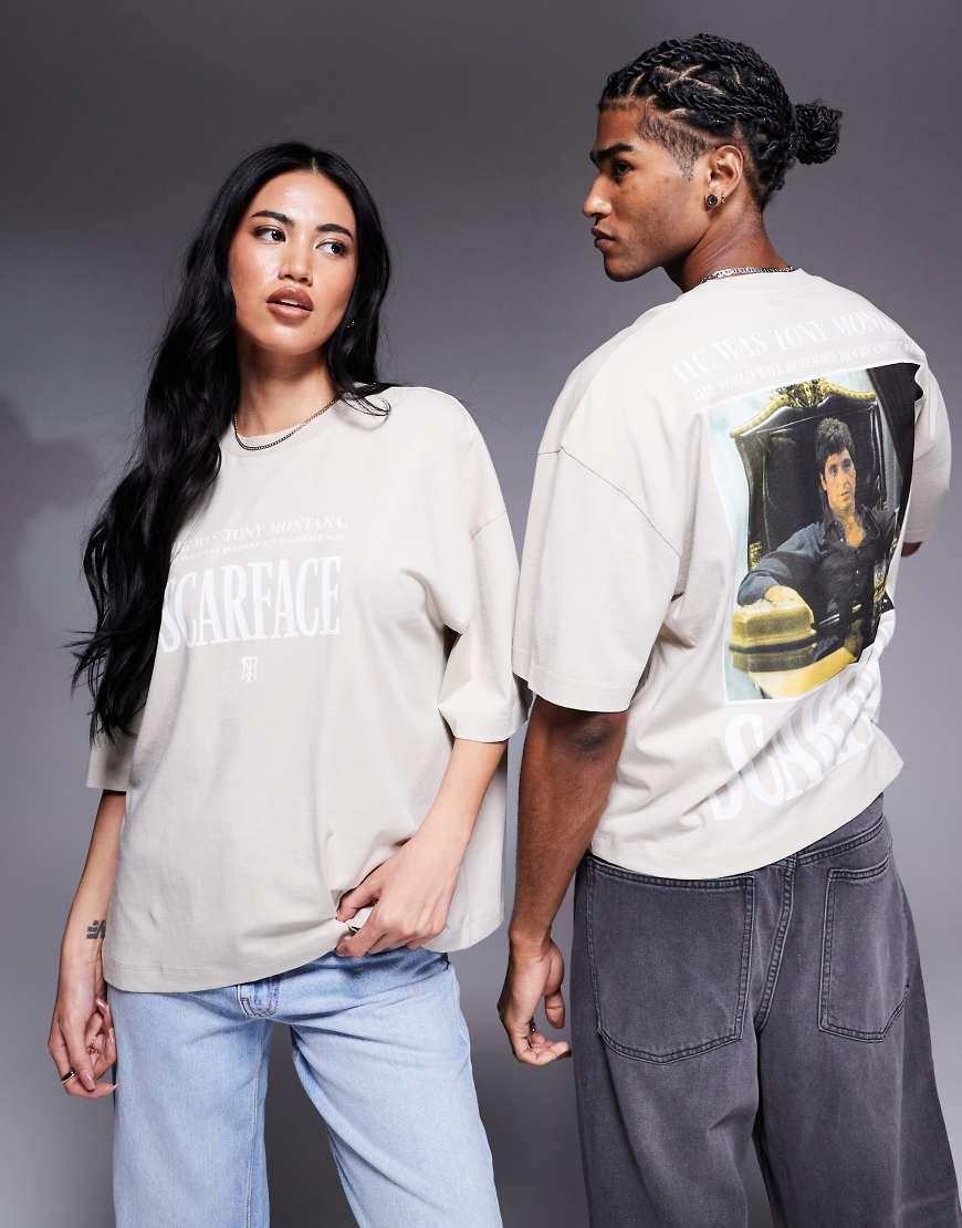 ASOS DESIGN - Lizenziertes Unisex-T-Shirt in verwaschenem Beige mit Oversize-Passform und „Scarface"-Prints-Neutral von ASOS DESIGN