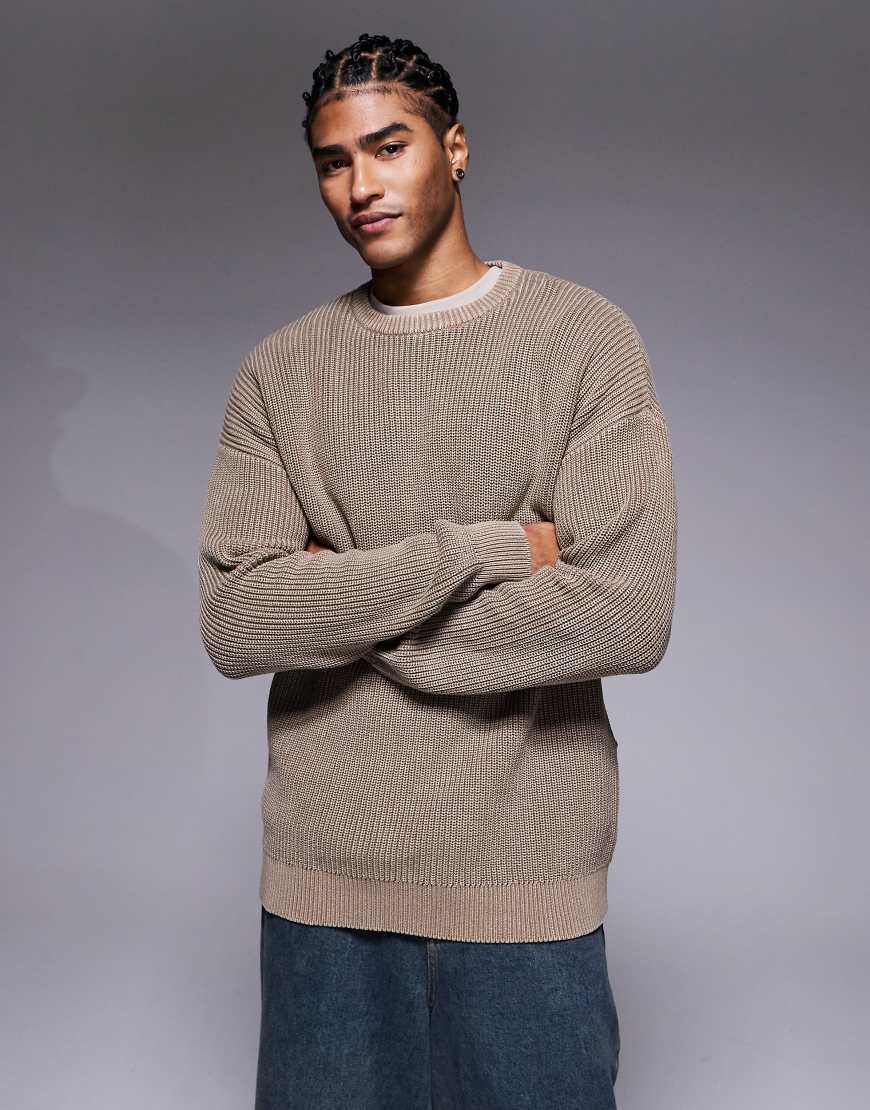 ASOS DESIGN - Locker geschnittener, gerippter Strickpullover in brauner Acid-Waschung mit Rundhalsausschnitt-Brown von ASOS DESIGN