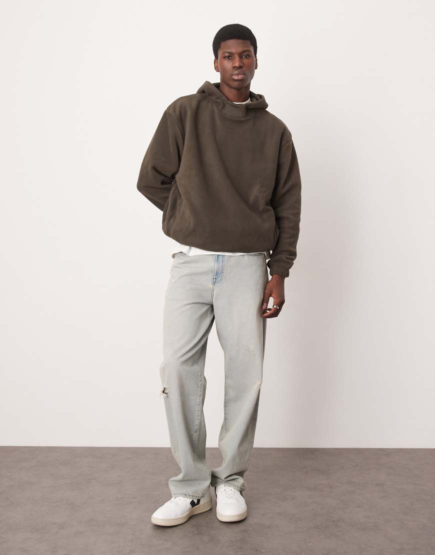 ASOS DESIGN - Locker geschnittener Fleece-Kapuzenpullover in Dunkelgrün mit Stehkragen von ASOS DESIGN