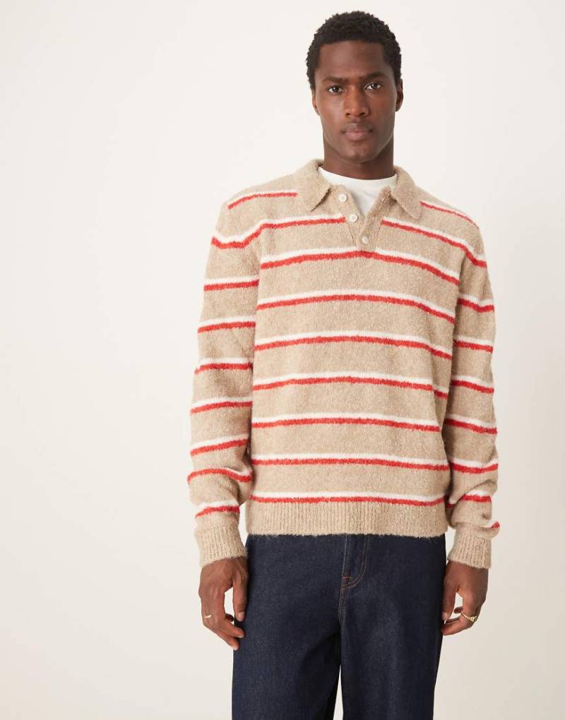 ASOS DESIGN - Locker geschnittener Pullover in Steinbeige gestreift aus strukturiertem Schnitt mit kastigem Schnitt und Polokragen-Grün von ASOS DESIGN