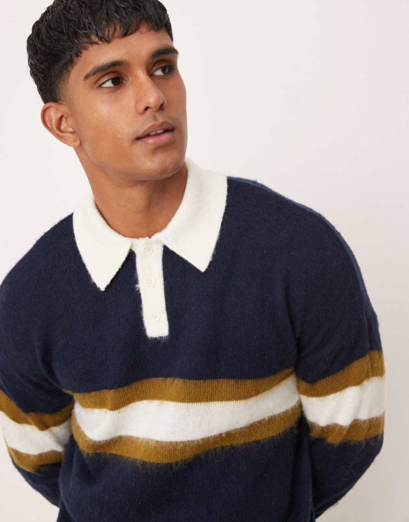 ASOS DESIGN - Gestrickter Super-Oversize-Rugby-Pullover in Marineblau mit Polokragen und Streifen von ASOS DESIGN