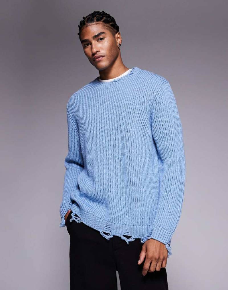 ASOS DESIGN - Locker geschnittener Strickpullover in Blau mit Rundhalsausschnitt und ungesäumter Kante von ASOS DESIGN
