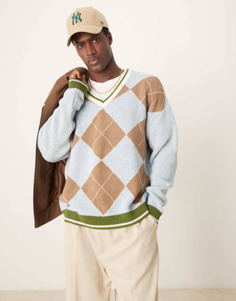 ASOS DESIGN - Locker geschnittener Strickpullover in Blau und Braun mit Rautenmuster-Bunt von ASOS DESIGN