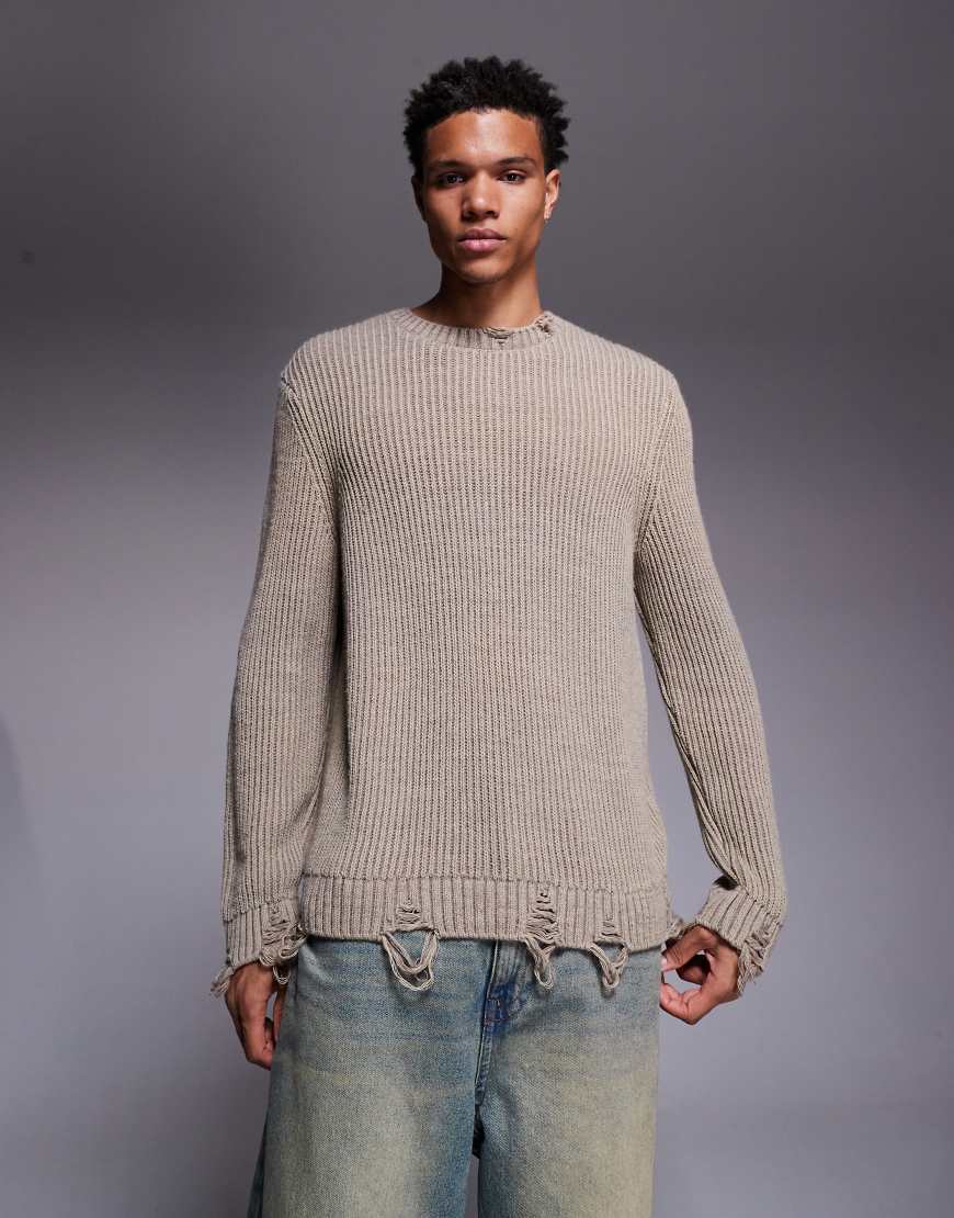ASOS DESIGN - Locker geschnittener Strickpullover in Ecru mit Rundhalsausschnitt und ungesäumter Kante-Neutral ASOS DESIGN - Locker geschnittener Strickpullover in Ecru mit Rundhalsausschnitt und ungesäumter Kante-Neutral von ASOS DESIGN