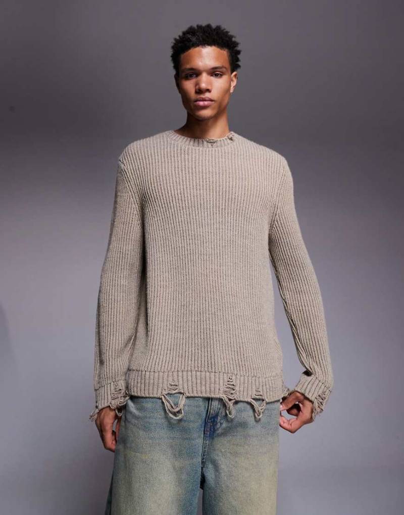 ASOS DESIGN - Locker geschnittener Strickpullover in Ecru mit Rundhalsausschnitt und ungesäumter Kante-Neutral von ASOS DESIGN