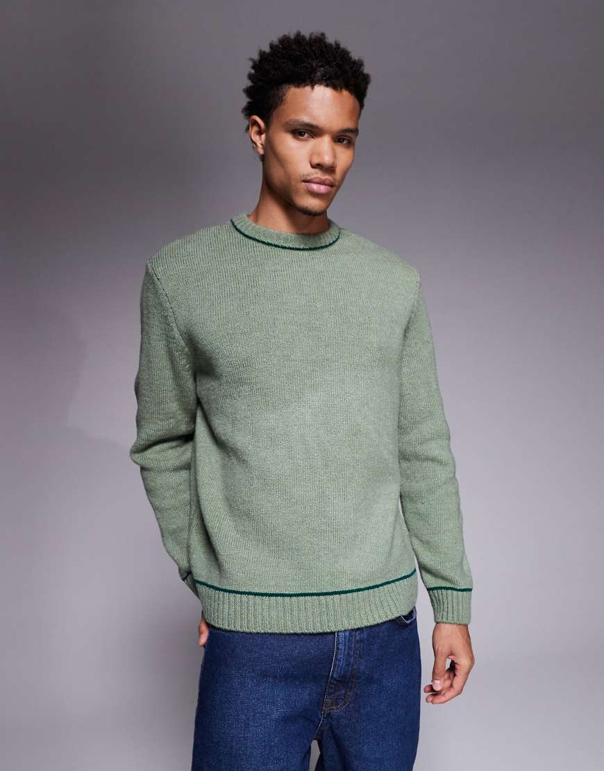 ASOS DESIGN - Locker geschnittener Strickpullover in Grün mit Kontrastnaht und Rundhalsausschnitt ASOS DESIGN - Locker geschnittener Strickpullover in Grün mit Kontrastnaht und Rundhalsausschnitt von ASOS DESIGN
