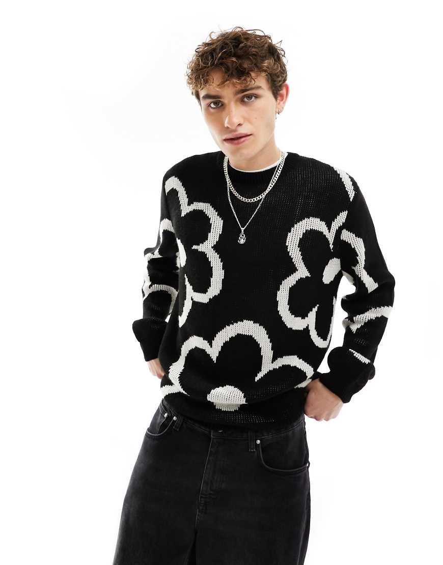 ASOS DESIGN - Locker geschnittener Strickpullover in Schwarz mit weißem Blumenmuster von ASOS DESIGN