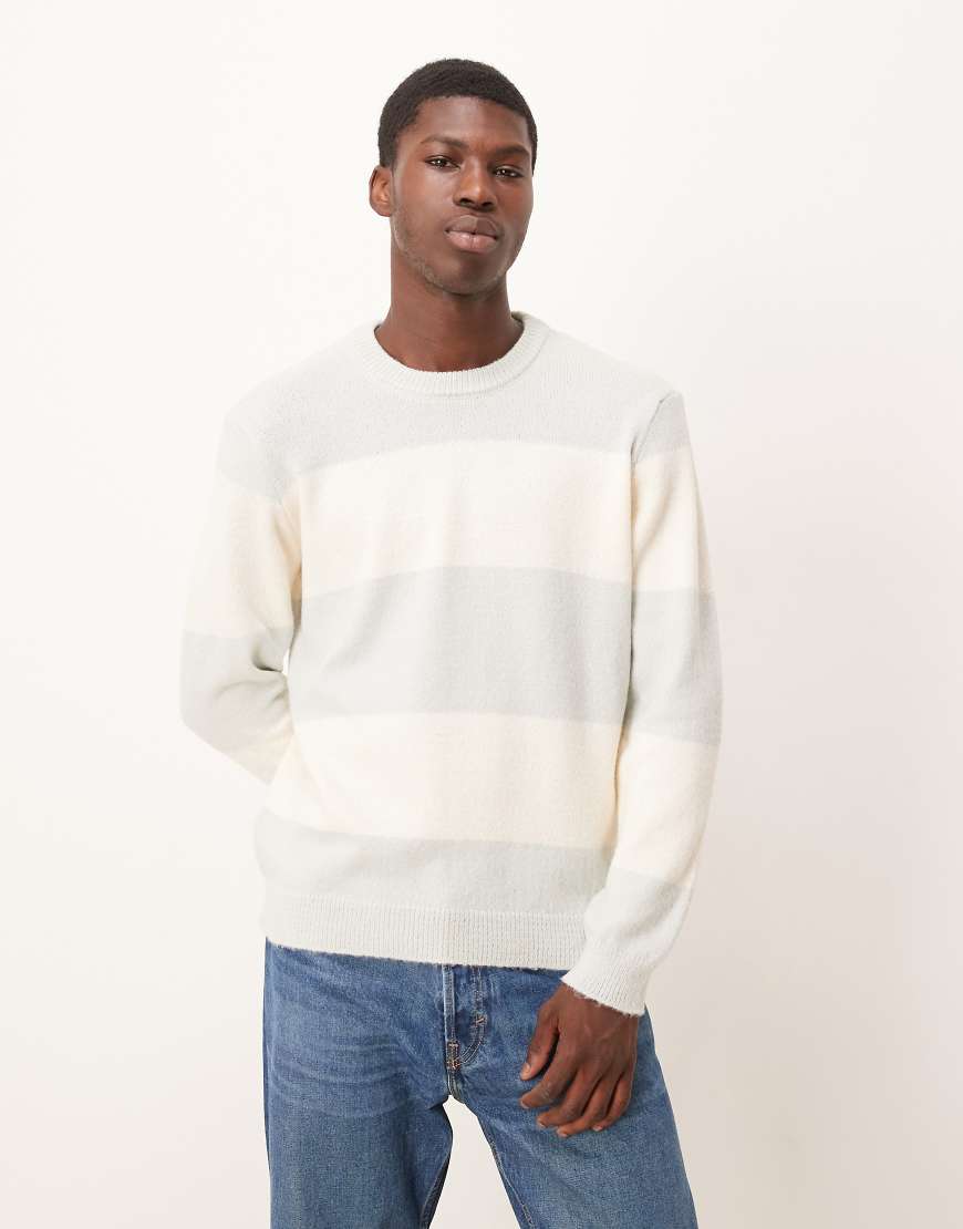 ASOS DESIGN - Locker geschnittener Strickpullover in grau und weiß gestreift mit Rundhalsausschnitt ASOS DESIGN - Locker geschnittener Strickpullover in grau und weiß gestreift mit Rundhalsausschnitt von ASOS DESIGN