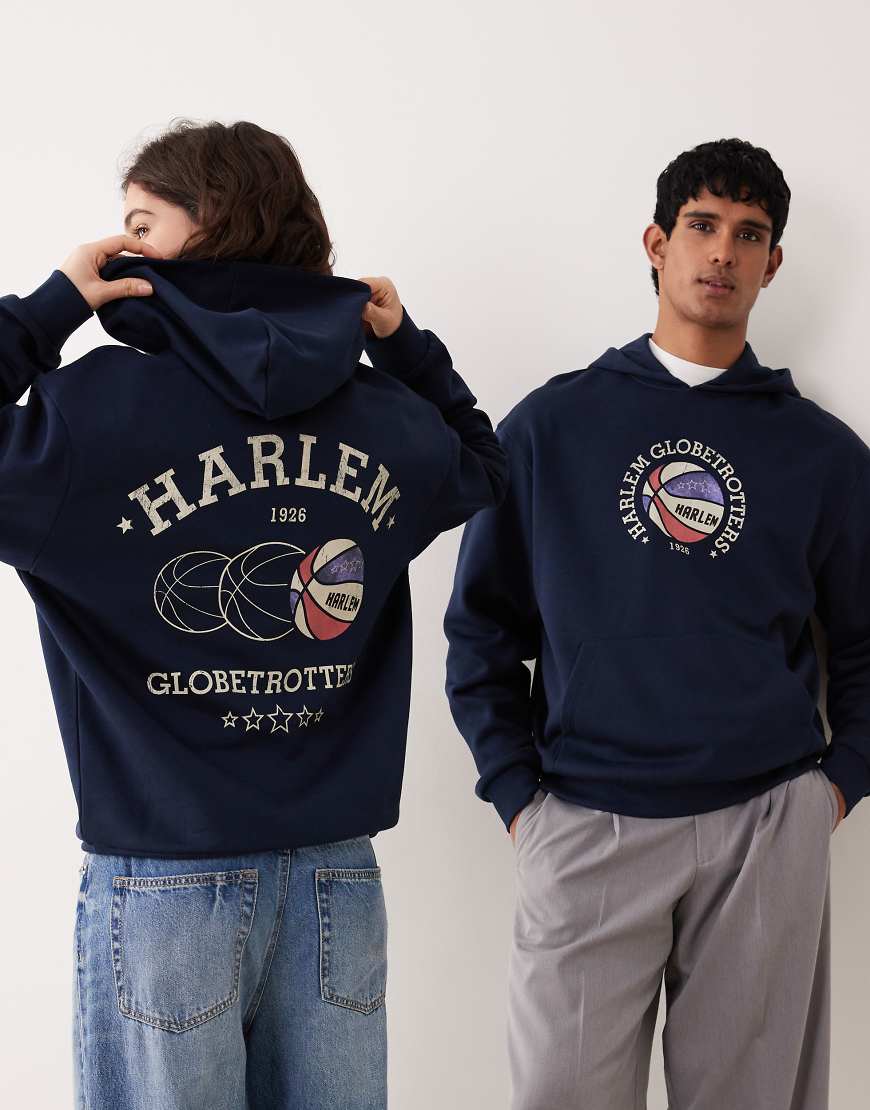 ASOS DESIGN - Locker geschnittener Unisex-Kapuzenpullover in Blau mit Harlem Globetrotters Basketball-Print von ASOS DESIGN