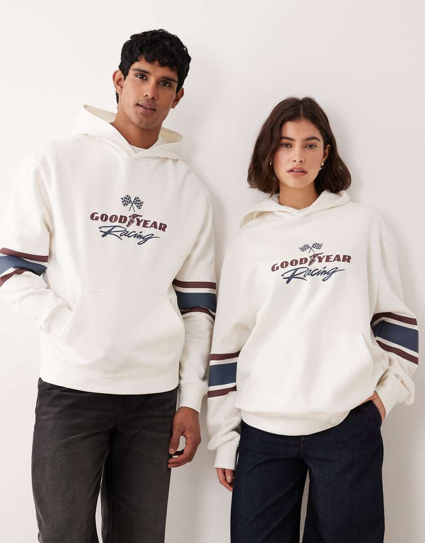 ASOS DESIGN - Locker geschnittener Unisex-Kapuzenpullover in Steinbeige mit Goodyear-Print-Neutral von ASOS DESIGN