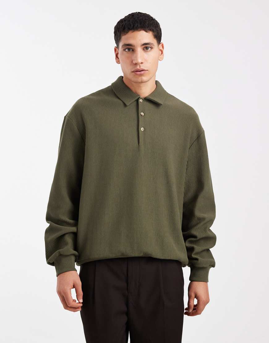 ASOS DESIGN - Locker geschnittenes, geripptes Sweatshirt in Grün mit Polokragen von ASOS DESIGN