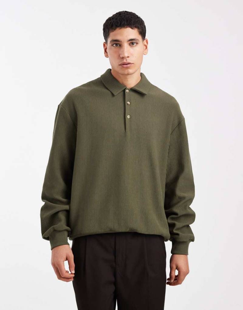 ASOS DESIGN - Locker geschnittenes, geripptes Sweatshirt in Grün mit Polokragen von ASOS DESIGN