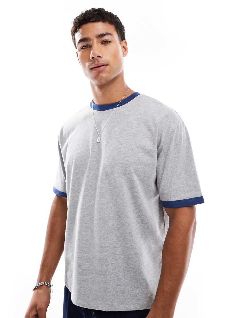ASOS DESIGN - Locker geschnittenes, kastiges T-Shirt in Grau mit Einfassung in Marineblau von ASOS DESIGN