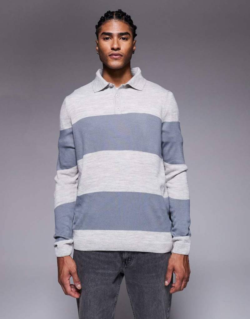 ASOS DESIGN - Locker geschnittenes, langärmliges Poloshirt aus Strick in Creme mit Streifen-Weiß von ASOS DESIGN