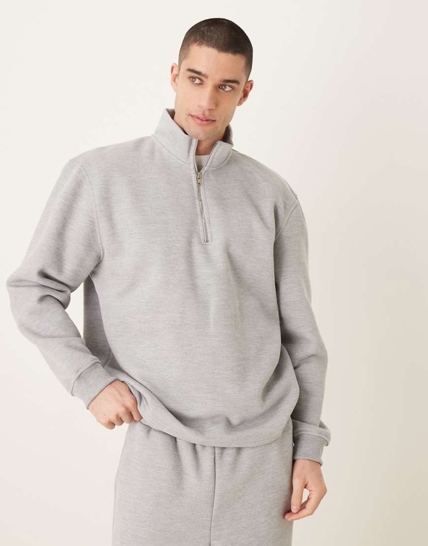 ASOS DESIGN - Locker geschnittenes Pikee-Sweatshirt in meliertem Grau mit kurzem Reißverschluss von ASOS DESIGN