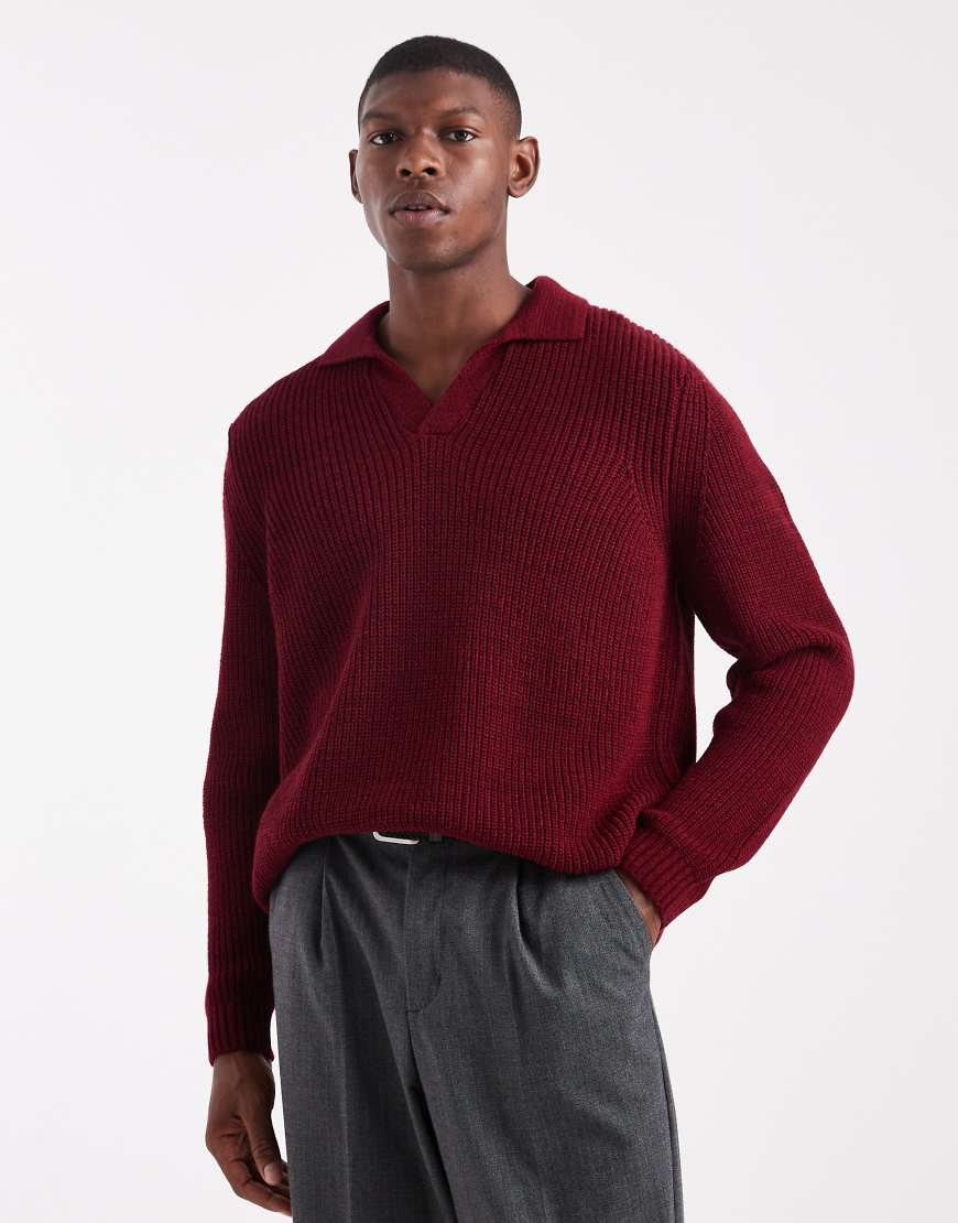 ASOS DESIGN - Locker geschnittenes Strick-Polohemd in Rot mit eingekerbtem Ausschnitt ASOS DESIGN - Locker geschnittenes Strick-Polohemd in Rot mit eingekerbtem Ausschnitt von ASOS DESIGN