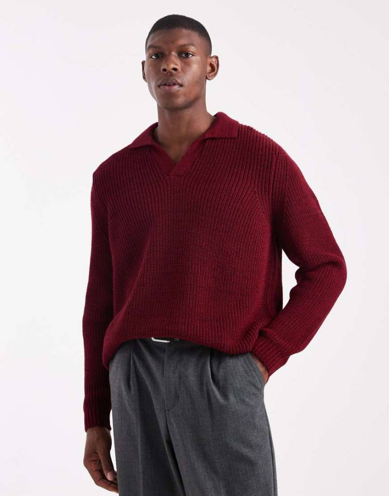 ASOS DESIGN - Locker geschnittenes Strick-Polohemd in Rot mit eingekerbtem Ausschnitt von ASOS DESIGN