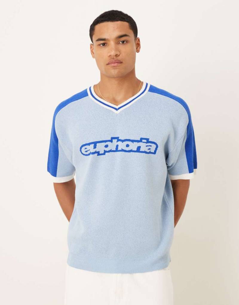 ASOS DESIGN - Locker geschnittenes Strick-T-Shirt in Hellblau mit V-Ausschnitt und „Euphoria"-Grafik von ASOS DESIGN