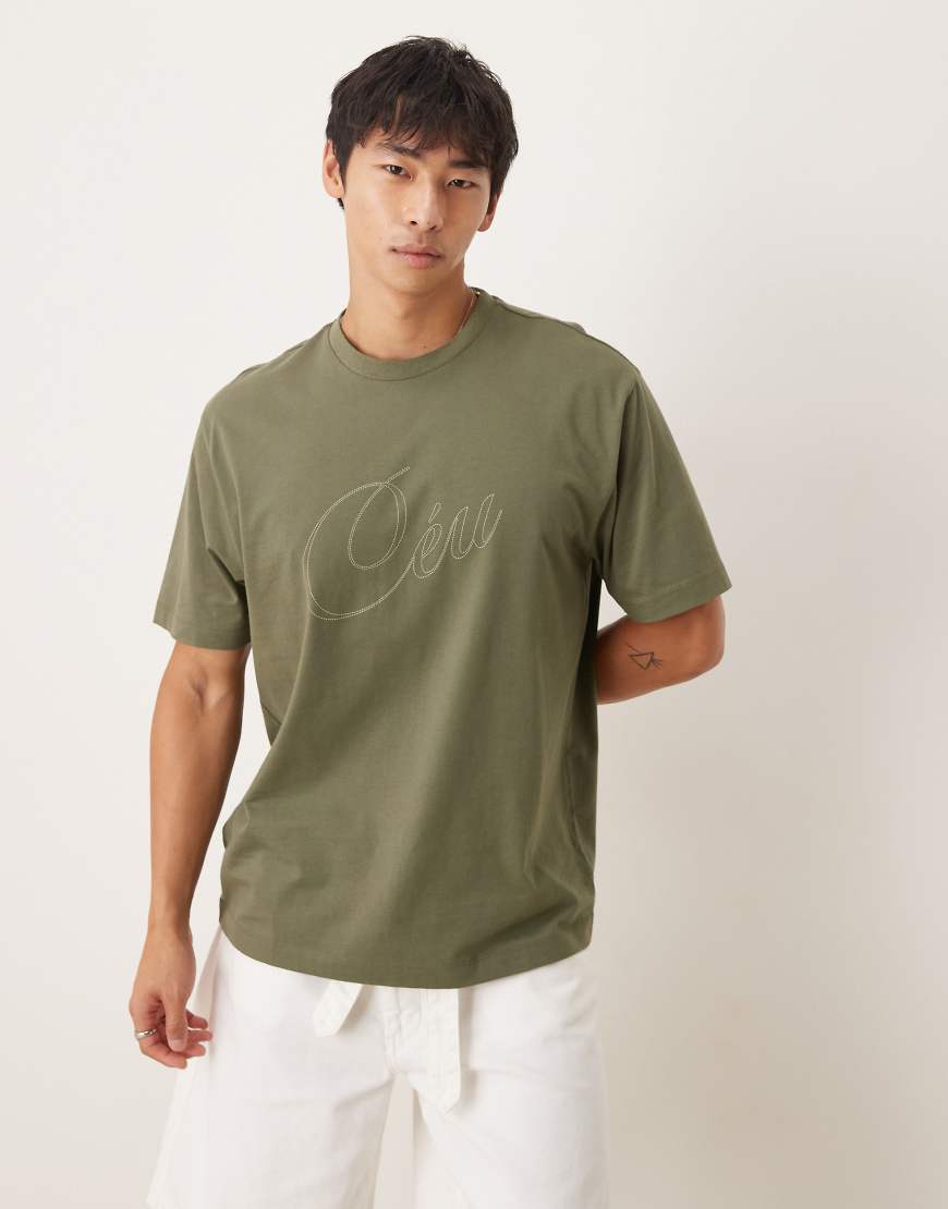 ASOS DESIGN - Locker geschnittenes T-Shirt in Khaki mit Schriftzug-Print-Grün von ASOS DESIGN