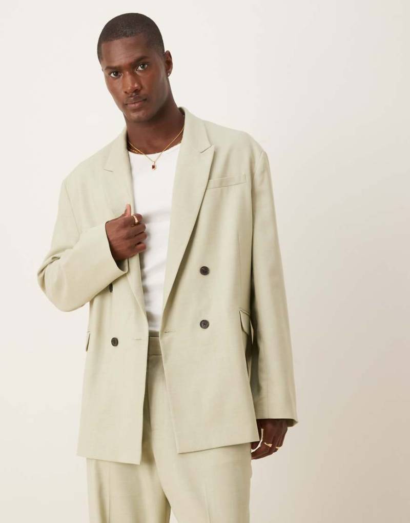 ASOS DESIGN - Lockere, zweireihige Oversize-Anzugjacke in Salbeigrün mit Leinen-Optik von ASOS DESIGN