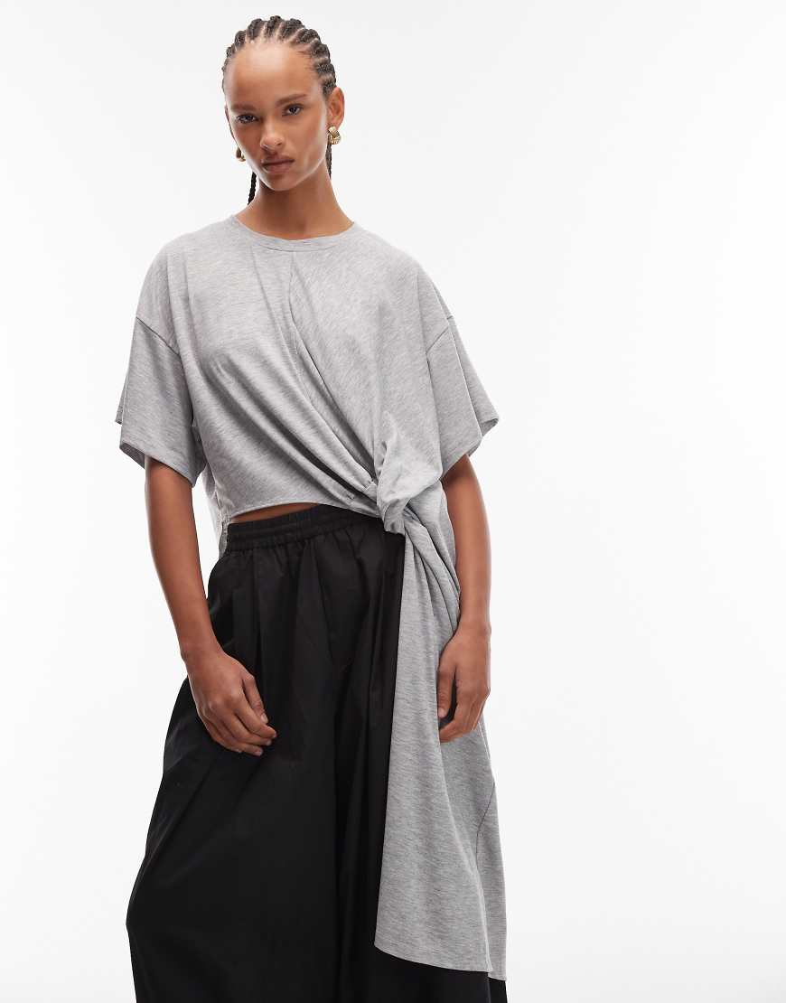 ASOS DESIGN - Longline-Oberteil in meliertem Grau mit verdrehter, drapierter Vorderseite von ASOS DESIGN