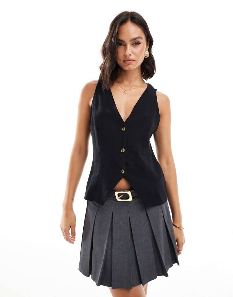 ASOS DESIGN - Longline-Weste in schwarzer Leinenoptik mit V-Ausschnitt von ASOS DESIGN