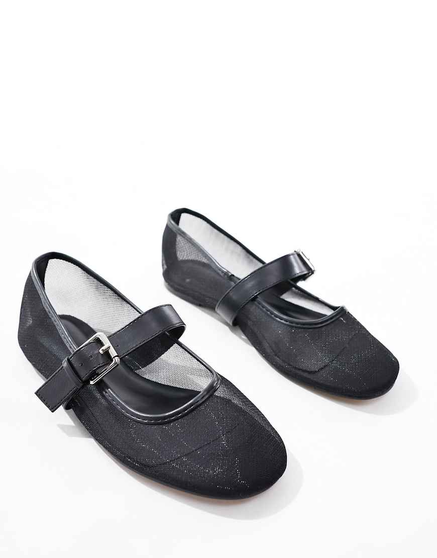 ASOS DESIGN - Lou - Mary-Jane-Ballerinas aus Netzstoff in Schwarz von ASOS DESIGN