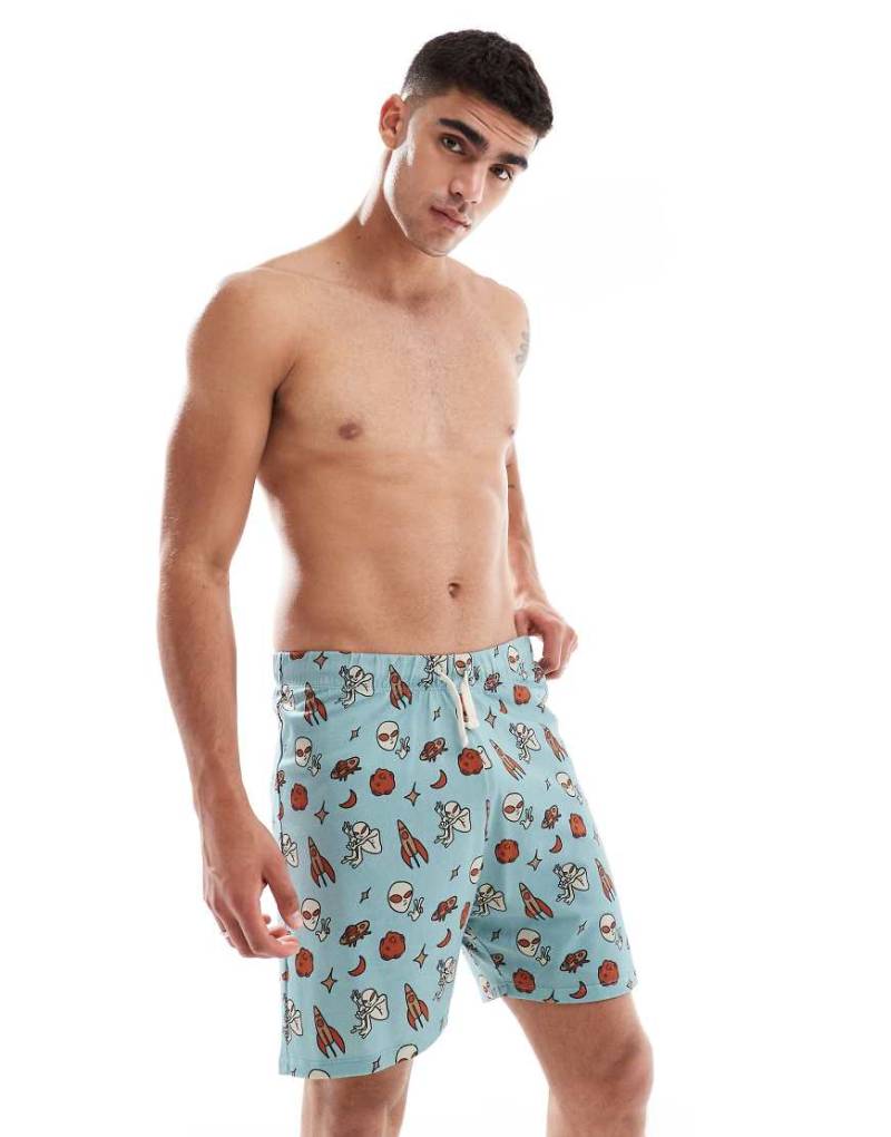 ASOS DESIGN - Lounge-Shorts in Blau mit Alien-Grafik und Kordelzug von ASOS DESIGN
