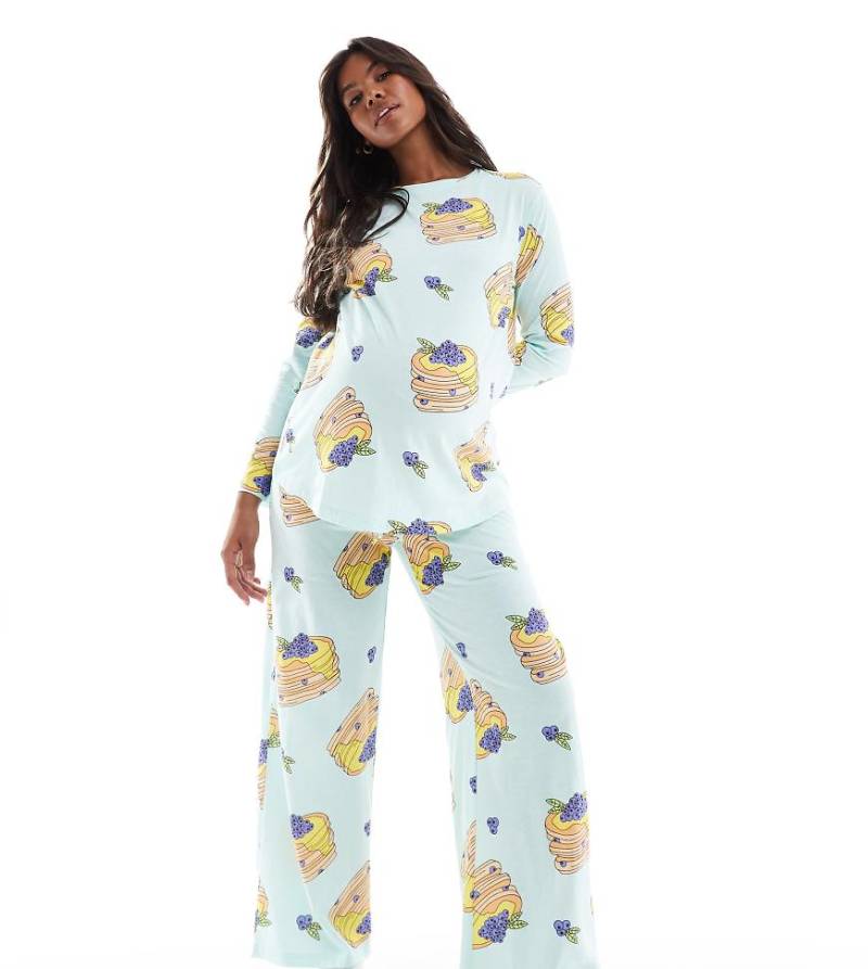 ASOS DESIGN Maternity - Pyjama in Blau, bestehend aus langärmligem Oberteil und Hose mit Pfannkuchenmuster von ASOS Maternity