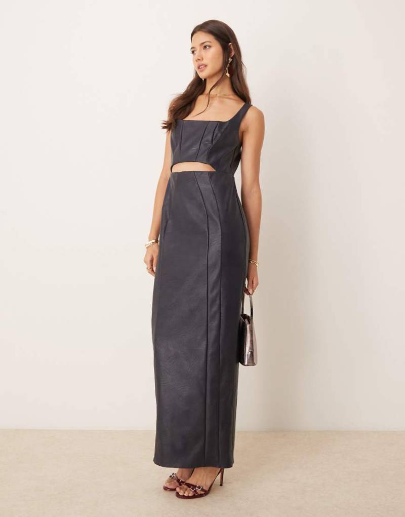 ASOS DESIGN - Maxi-Bleistiftkleid aus Kunstleder in Mitternachtsblau mit eckigem Ausschnitt und Cut-out von ASOS DESIGN