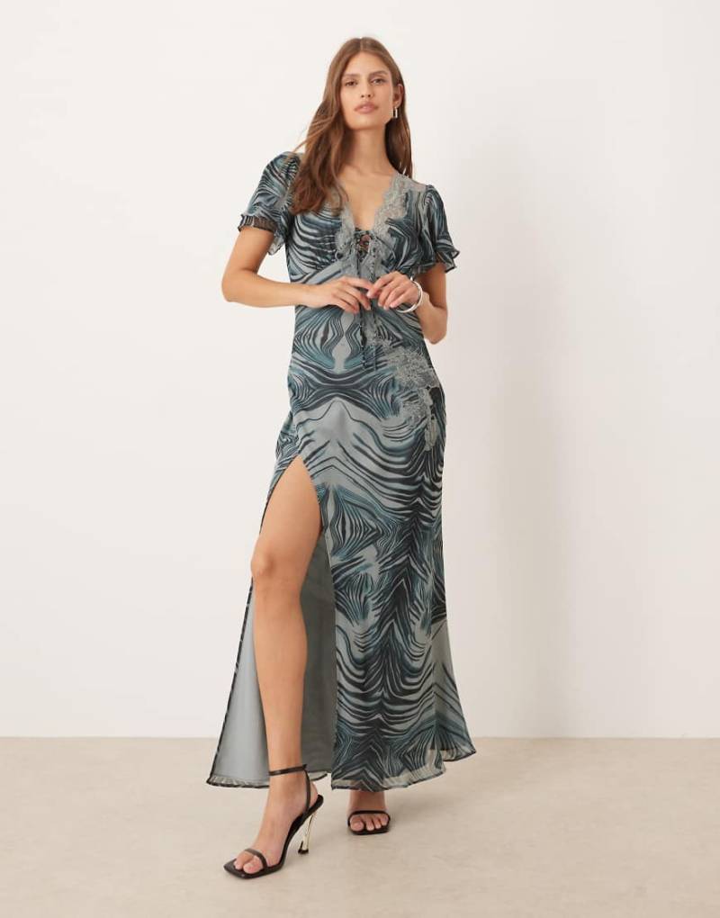 ASOS DESIGN - Maxi-Freizeitkleid in Grau mit Zebramuster, gebundener Vorderseite und Spitzenbesatz-Bunt von ASOS DESIGN