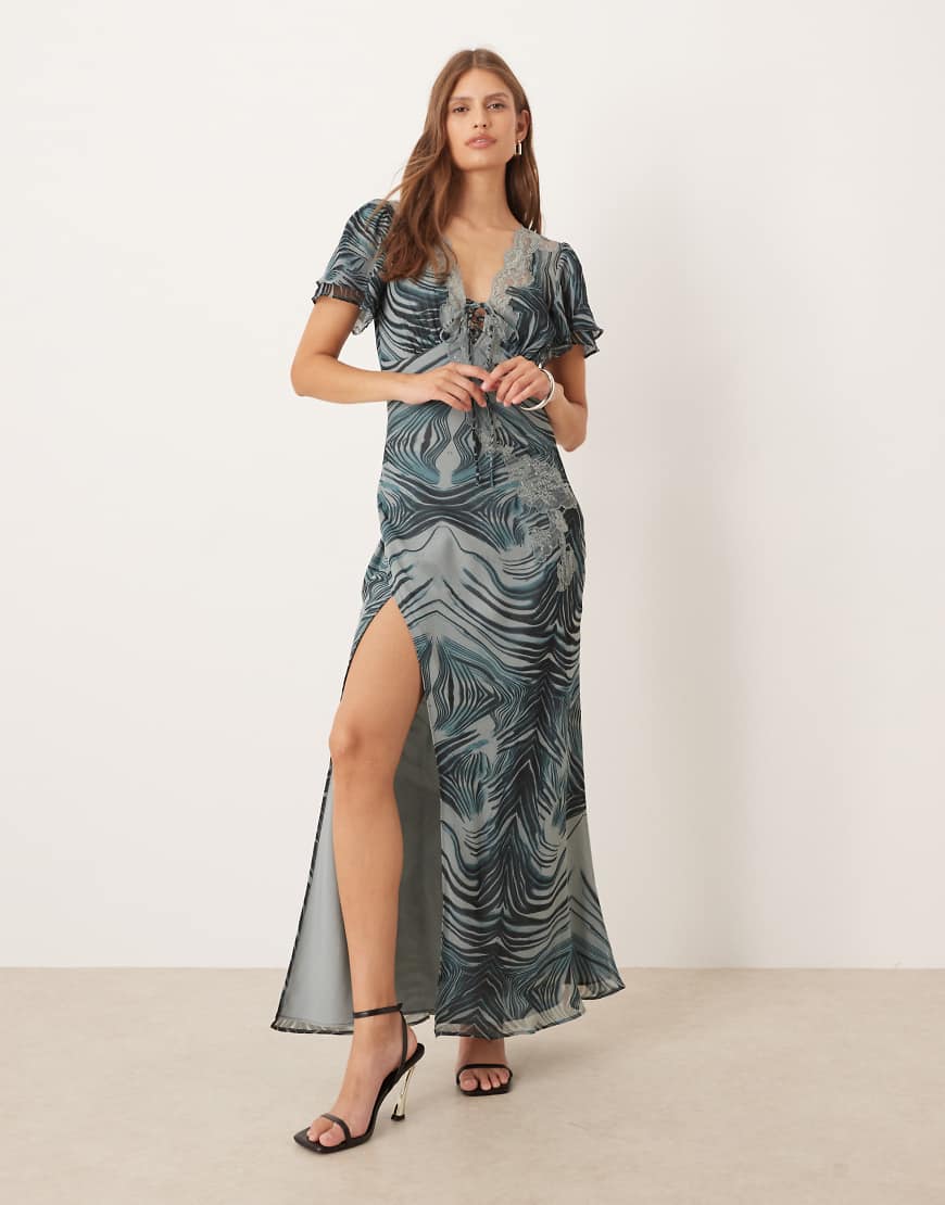 ASOS DESIGN - Maxi-Freizeitkleid in Grau mit Zebramuster, gebundener Vorderseite und Spitzenbesatz-Bunt von ASOS DESIGN