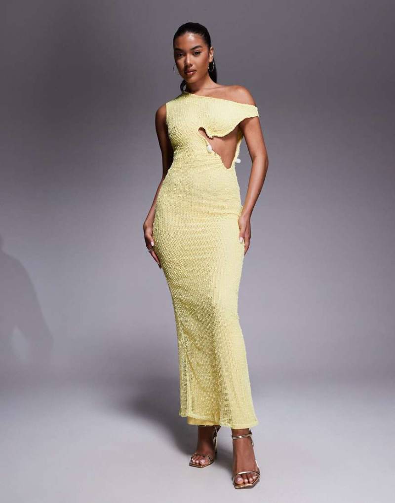 ASOS DESIGN - Maxi-Häkelkleid in Gelb mit One-Shoulder-Träger und Verzierung von ASOS DESIGN