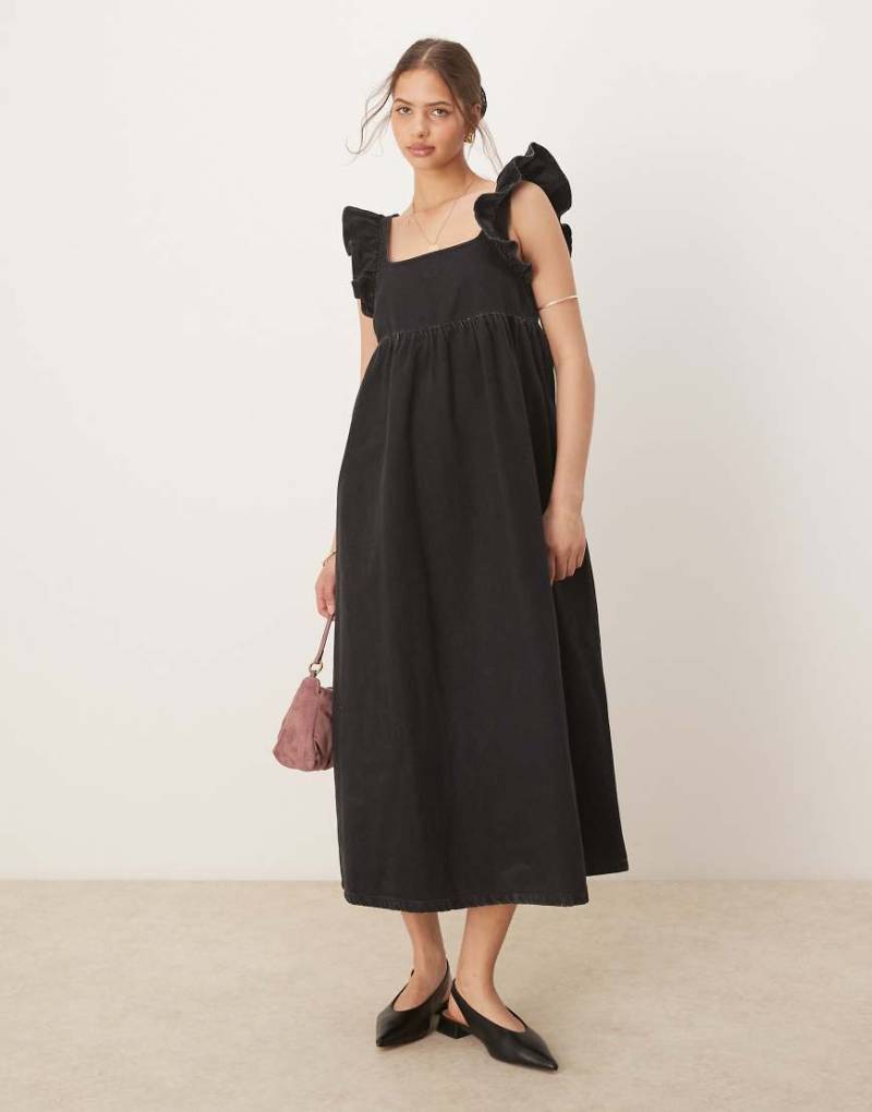 ASOS DESIGN - Maxi-Hängerkleid aus Denim in Schwarz mit Schleife hinten von ASOS DESIGN