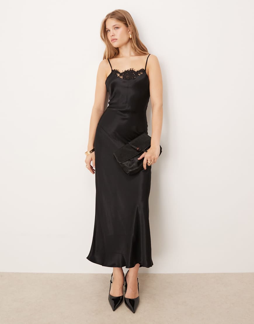 ASOS DESIGN - Maxi-Schlupfkleid aus Satin in Schwarz mit schmalen Trägern und Spitzenborte-Grau von ASOS DESIGN