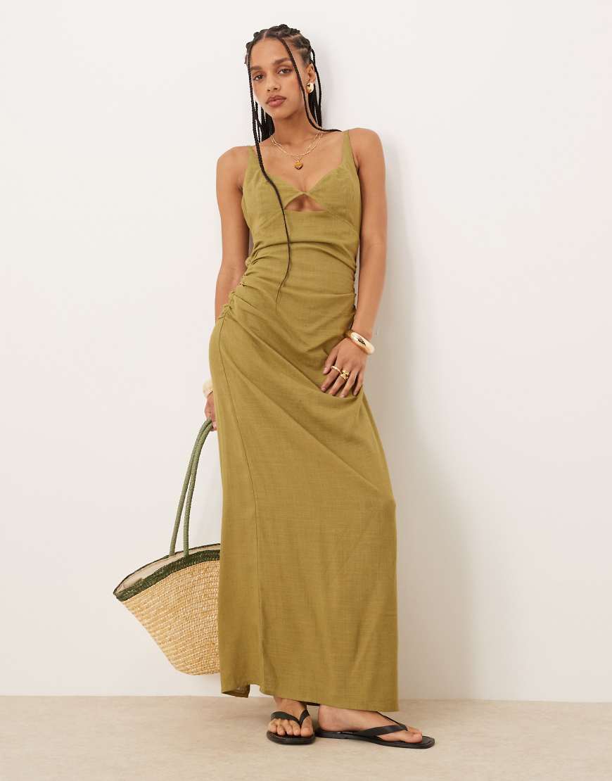 ASOS DESIGN - Maxi-Sommerkleid aus Leinen in Olivgrün mit Bustier-Ausschnitt ASOS DESIGN - Maxi-Sommerkleid aus Leinen in Olivgrün mit Bustier-Ausschnitt von ASOS DESIGN