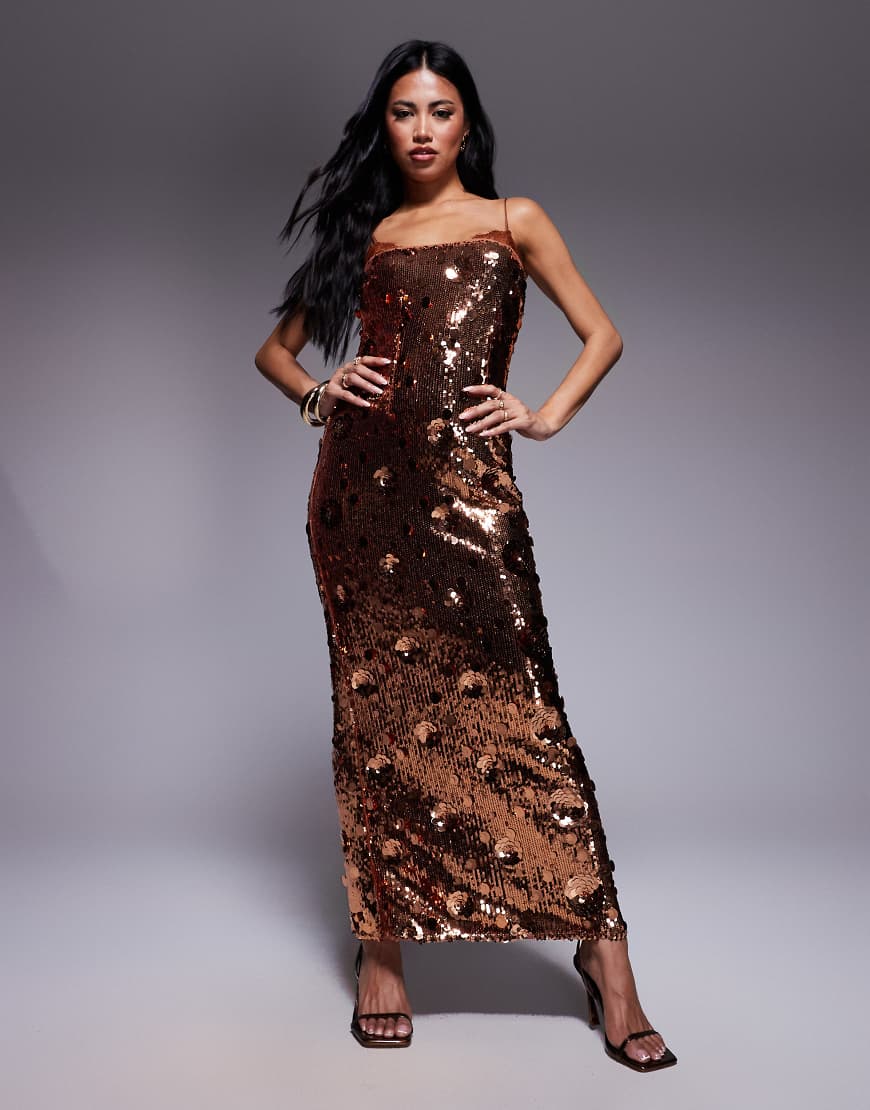 ASOS DESIGN - Maxi-Trägerkleid mit Paillettenbesatz in Bronze, 3D-Verzierung und Spitzenborte-Brown von ASOS DESIGN