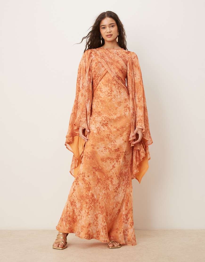 ASOS DESIGN - Maxi-Wickelkleid in Grün mit braunem Blumenmuster, akzentuierten Ärmeln und Schrägschnitt-Bunt von ASOS DESIGN