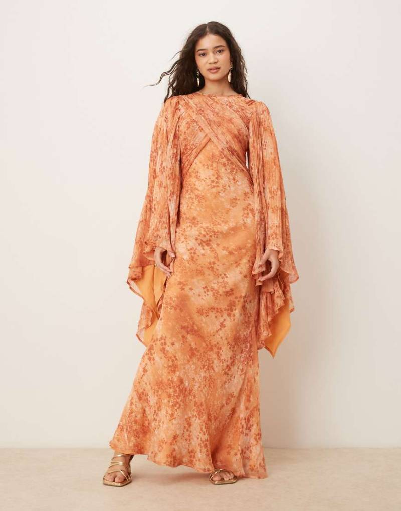 ASOS DESIGN - Maxi-Wickelkleid in Grün mit braunem Blumenmuster, akzentuierten Ärmeln und Schrägschnitt-Bunt von ASOS DESIGN