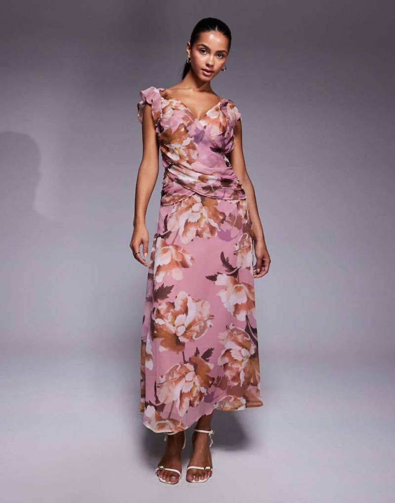 ASOS DESIGN - Maxi-Wickelkleid mit Flatterärmeln, Schößchensaum und Vintage-Blumenmuster-Bunt von ASOS DESIGN