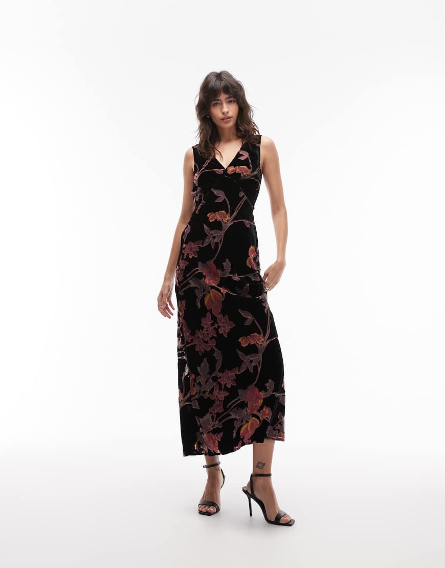 ASOS DESIGN - Maxikleid aus Ausbrennersamt mit V-Ausschnitt und Blumenmuster in Schwarz und Rosa von ASOS DESIGN