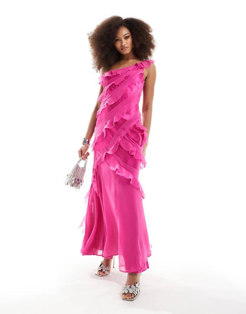 ASOS DESIGN - Maxikleid aus Chiffon-Satin-Mix in Fuchsia-Pink mit One-Shoulder-Träger und Raffung-Rosa von ASOS DESIGN