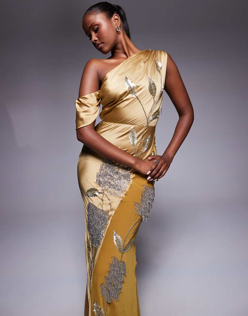 ASOS DESIGN - Maxikleid aus Chiffon-Satin-Mix in Ocker mit Blumenverzierung-Gelb von ASOS DESIGN