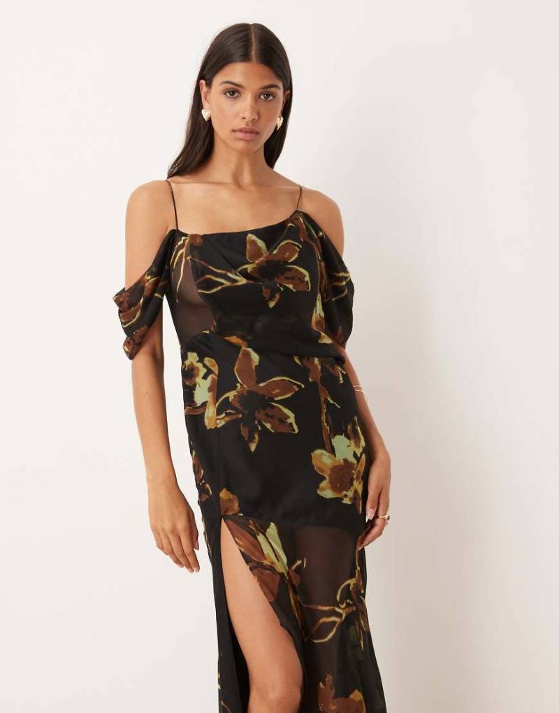 ASOS DESIGN - Maxikleid aus Chiffon mit Blumenmuster auf schwarzem Grund und drapierter Vorderpartie-Bunt von ASOS DESIGN