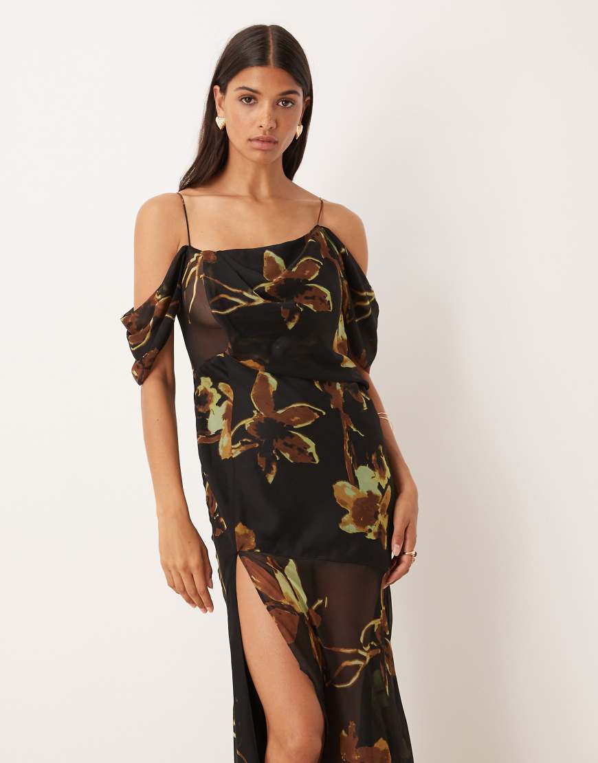 ASOS DESIGN - Maxikleid aus Chiffon mit Blumenmuster auf schwarzem Grund und drapierter Vorderpartie-Bunt von ASOS DESIGN