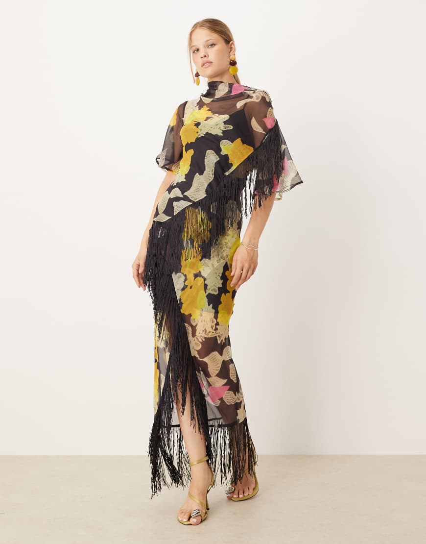 ASOS DESIGN - Maxikleid aus Chiffon mit Fransendetail und Muster auf dunklem Untergrund-Bunt von ASOS DESIGN