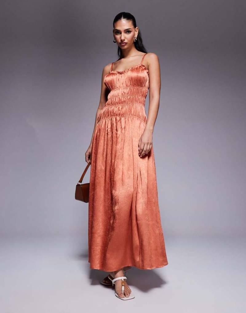 ASOS DESIGN - Maxikleid aus Knittersamt in Kupfer mit gesmoktem Oberteil von ASOS DESIGN