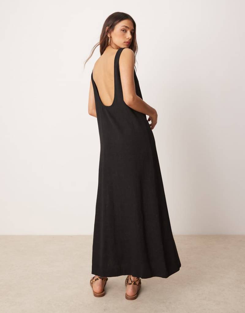 ASOS DESIGN - Midikleid aus Leinen in Schwarz mit U-Ausschnitt von ASOS DESIGN