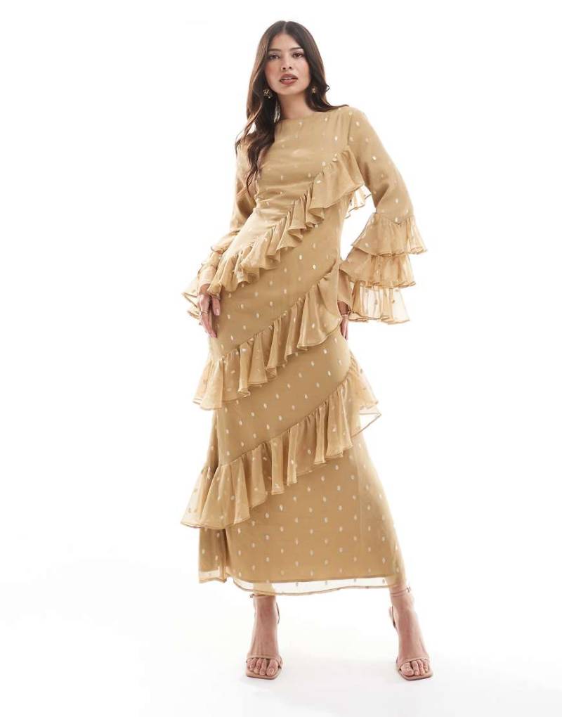 ASOS DESIGN - Maxikleid in Gold mit Noppenstruktur, Rüschen und gestuften Ärmeln-Goldfarben von ASOS DESIGN